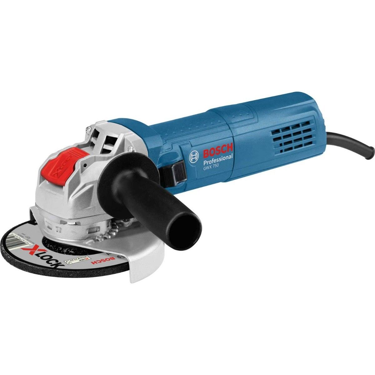 Bosch angle grinder in blue color with a red switch and branding, white protective guard, and black power cord.