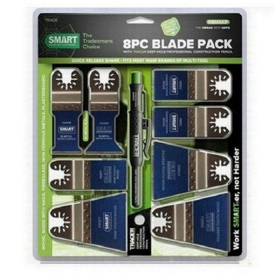 An 8-piece multitool accessory set by Smart, including various blades and a tracer pencil, packaged in a clear plastic box with a green and white design.