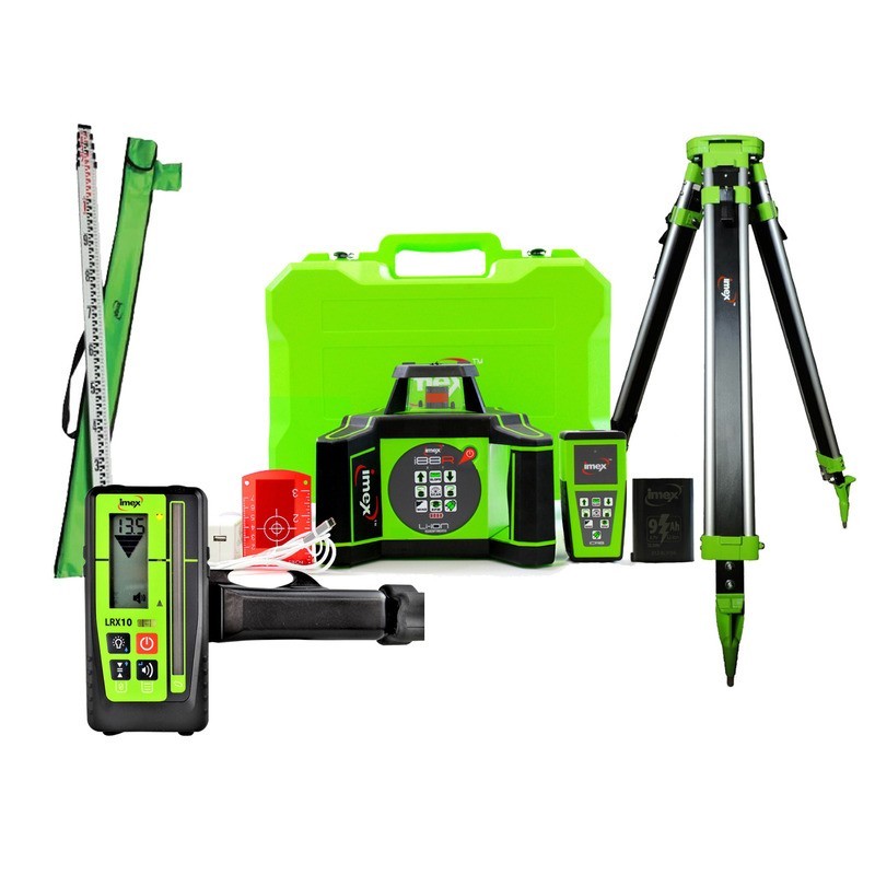 IMEX I88R Rotating Laser and LRX10 Receiver Kit With Staff, Tripod & Receiver
