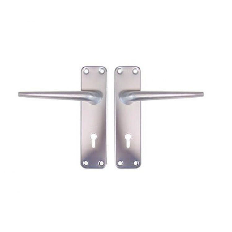 A pair of satin silver internal door handles with a lockset design, featuring a cylindrical lock and a long lever handle.