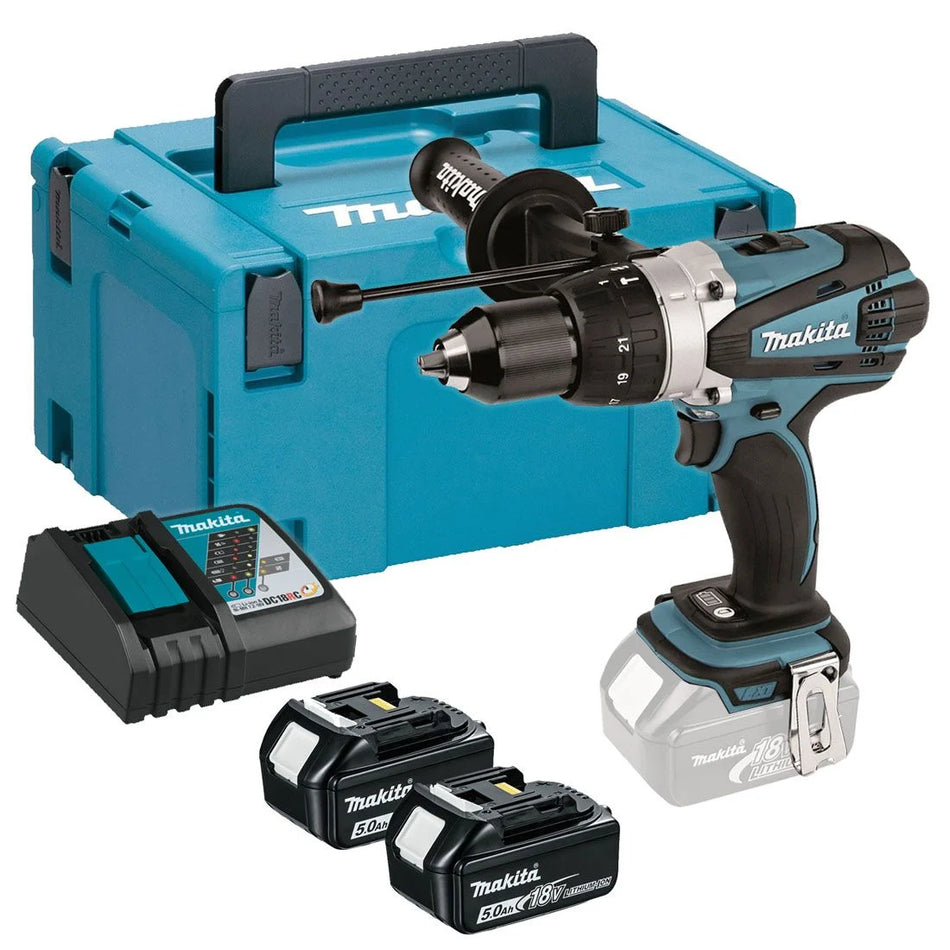 Makita DHP458RTJ LXT 18V Combi Drill with 2 x 5Ah Batteries, Charger & Case