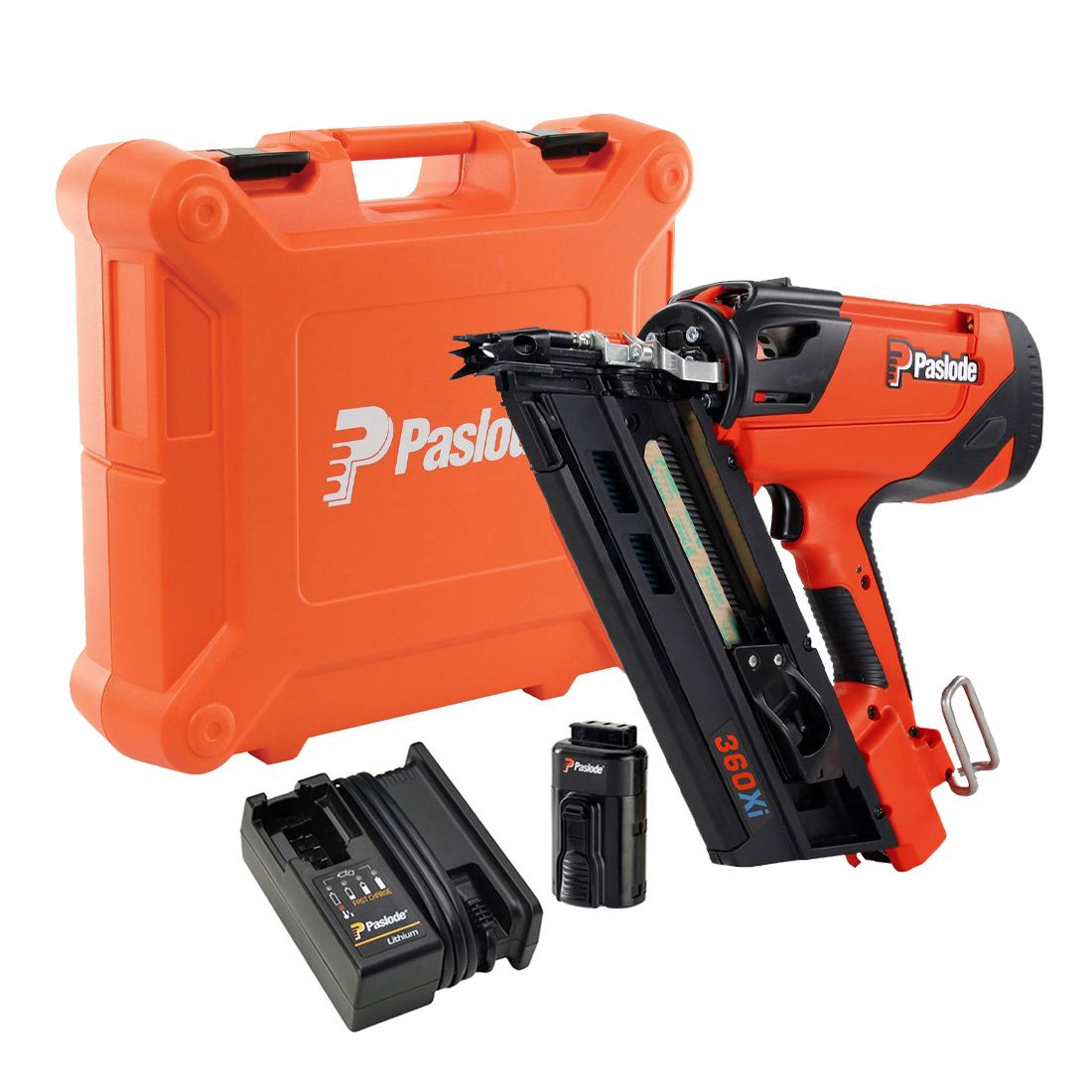 Paslode nail gun with battery and charger on a white background
