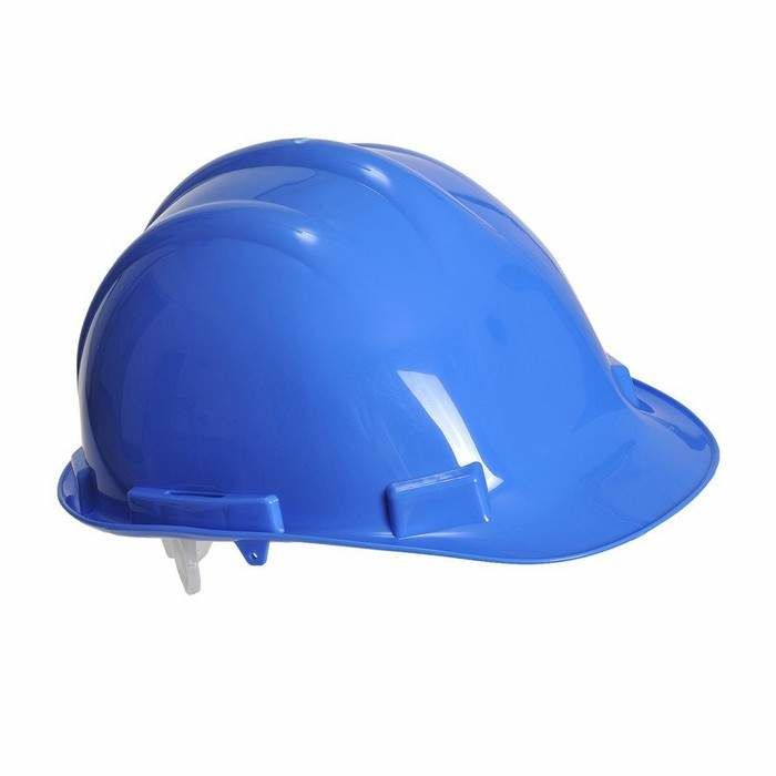 A blue hard hat with a safety label on it, typically worn for construction and other safety-related work.