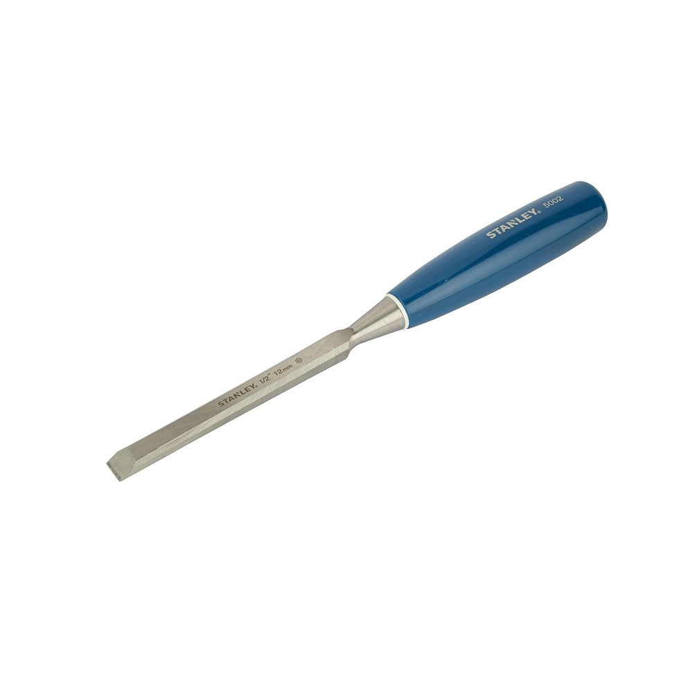 A STANLEY 5002 Series Wood Chisel with a blue handle and a silver-colored blade.